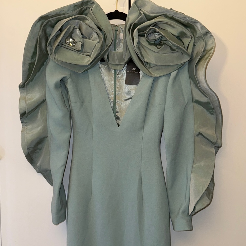 NWT long sleeve dress seafoam gown w/ deep Vneck extravagant taffeta roses XS - Picture 4 of 14